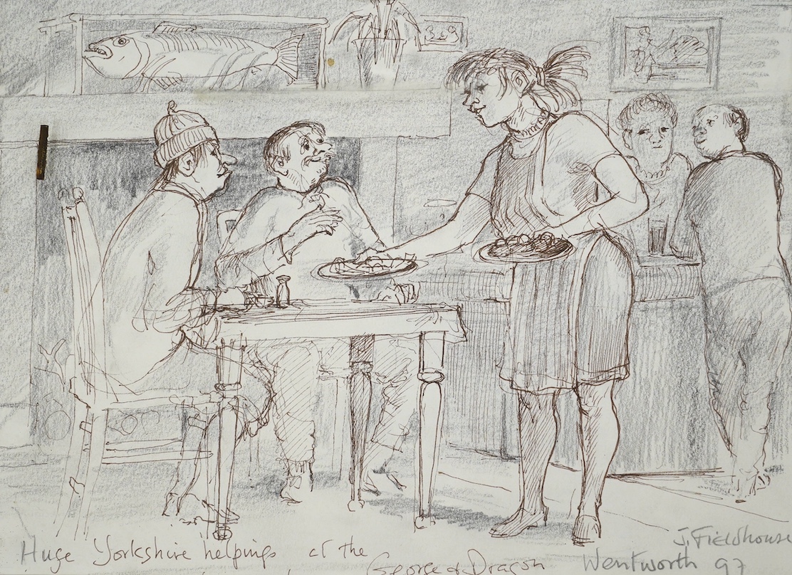 From the Studio of Fred Cuming. T. Fieldhouse, oil on board, Town scene with figures, signed and dated 1999 together with an ink and pencil sketch, ‘Huge Helpings’, largest 60 x 39cm. Condition - good, some knocks to fra